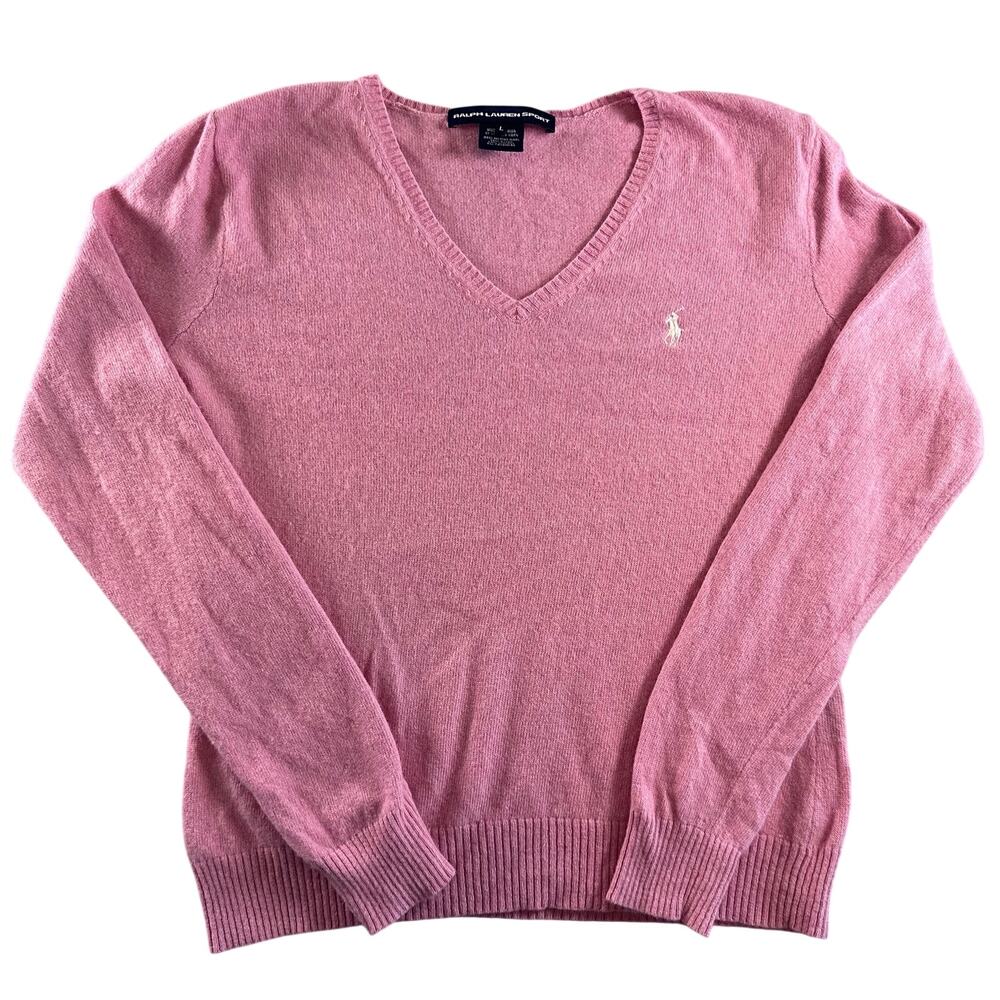 Ralph Lauren Sport Women's Large Italian Yarn Bright Pink V Neck Merino Sweater